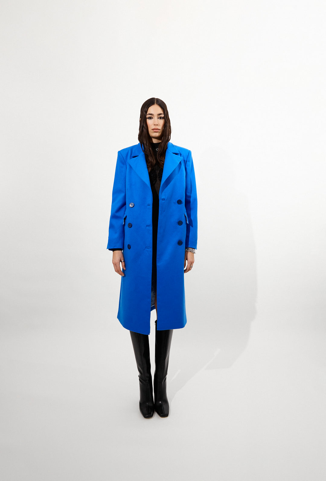 Classic Double Breasted Long Coat in Blue.