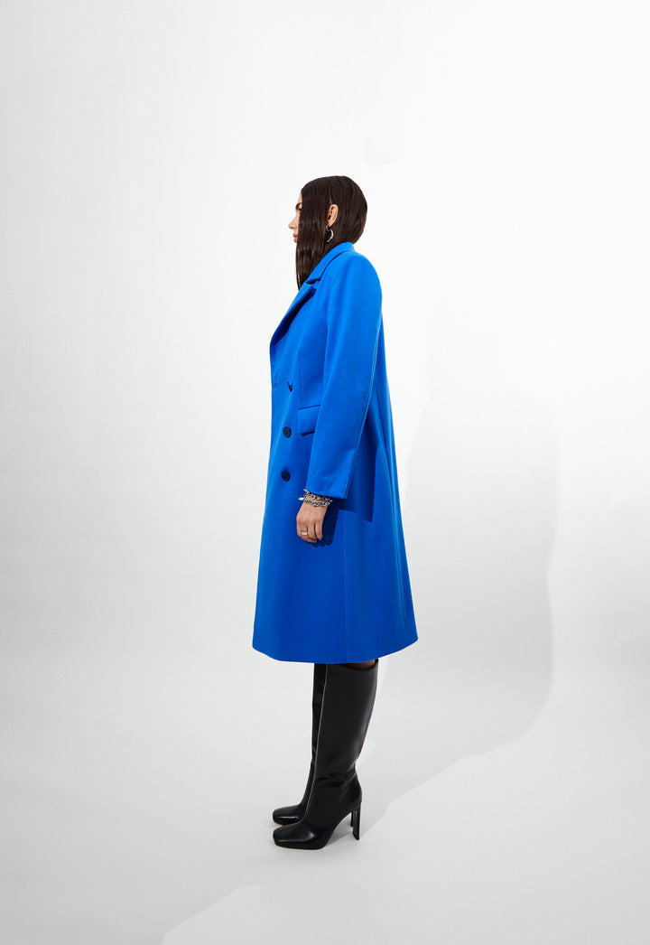 Classic Double Breasted Long Coat in Blue.