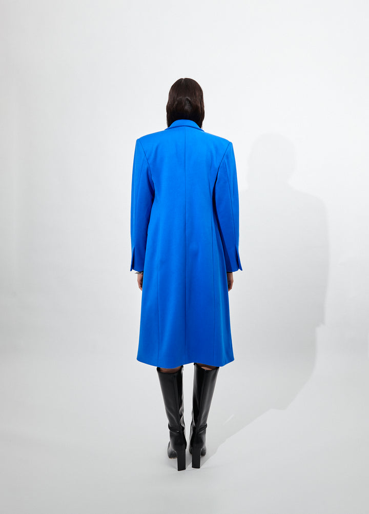 Classic Double Breasted Long Coat in Blue.