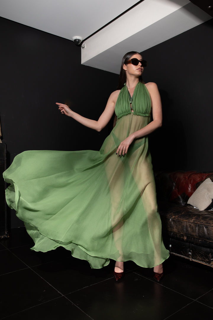 Draped Chiffon Maxi Dress in Green