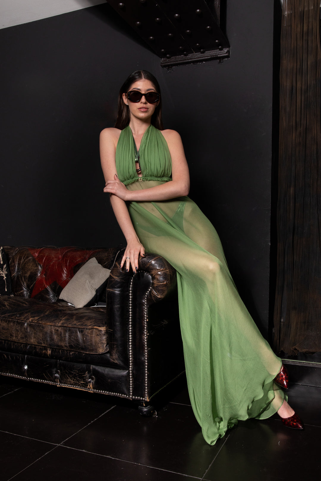 Draped Chiffon Maxi Dress in Green