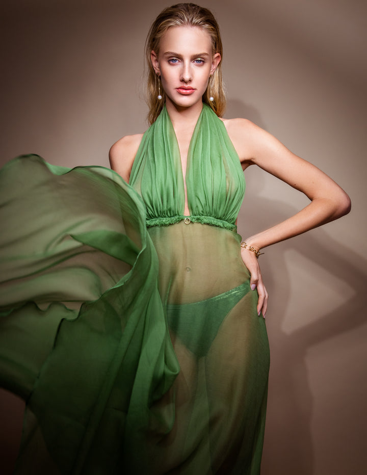 Draped Chiffon Maxi Dress in Green