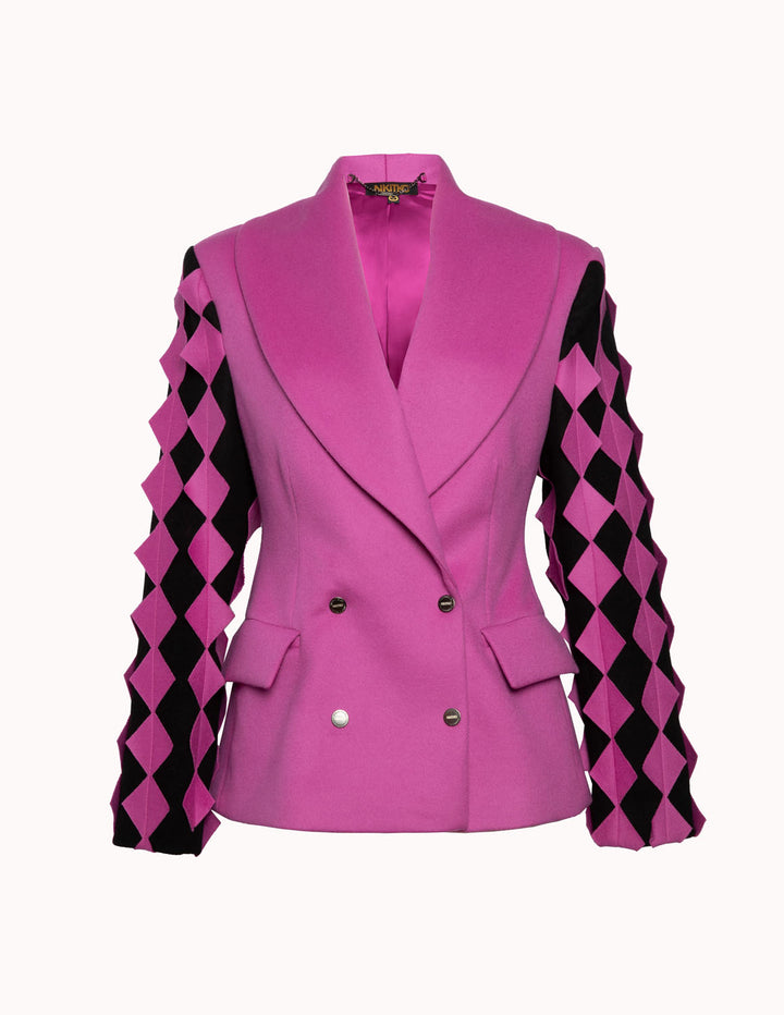 Double Breasted Short Shawl Collar Coat With 3D Details on Sleeve